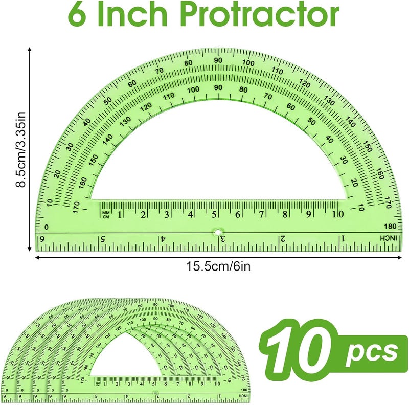 Hoiny 10 Pack Clear Protractor, 6 Inch Plastic Protractors, 180 Degrees Accurate Math Geometry Tools for School, Office, Classroom (Green) - Image 2